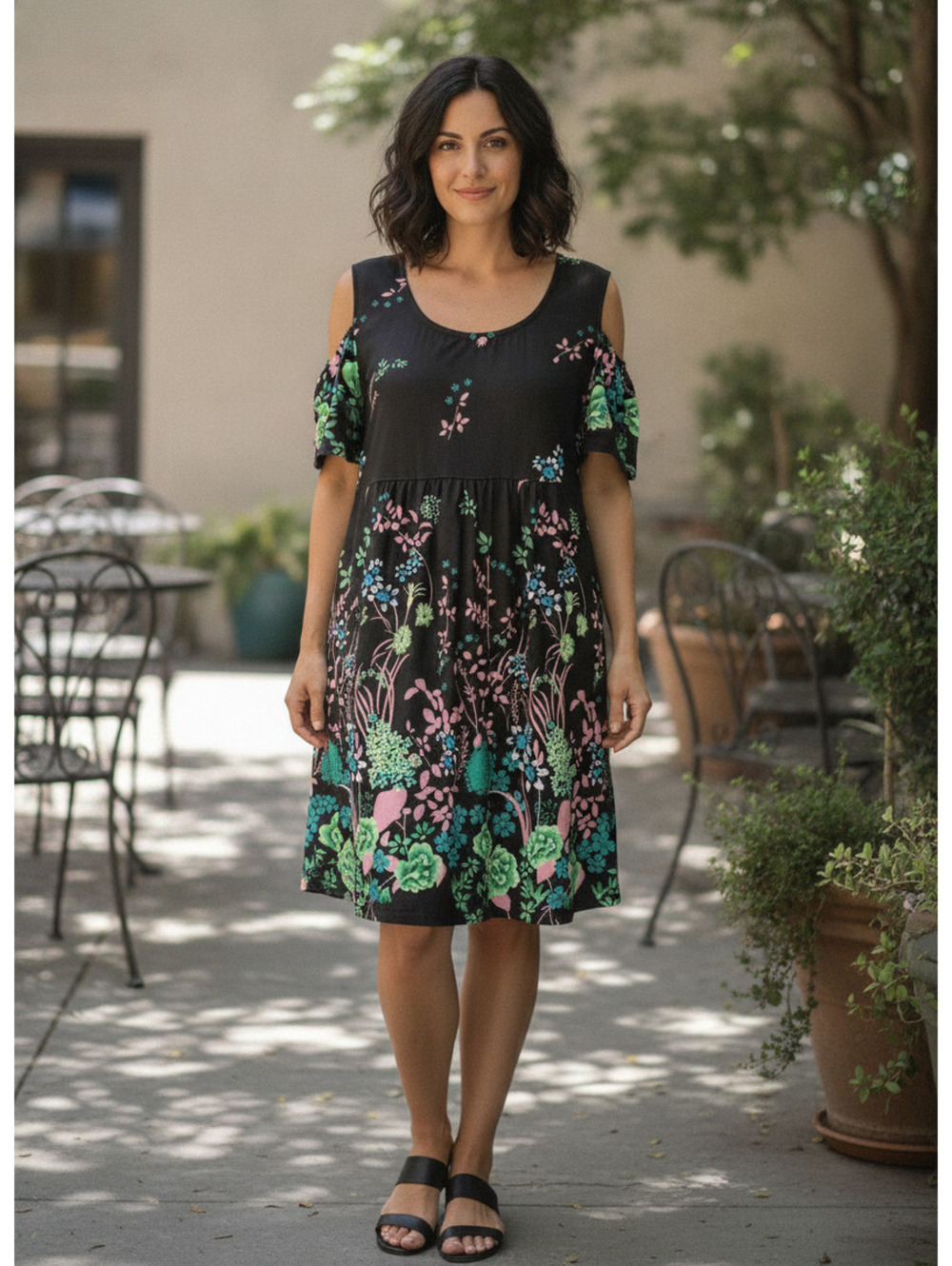 Reborn Women's XL Black Floral A-Line Short Dress Scoop Neck Cold Shoulder